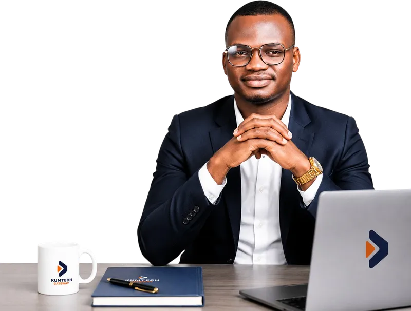 Kumtech Gateway founder at the desk in Yaounde